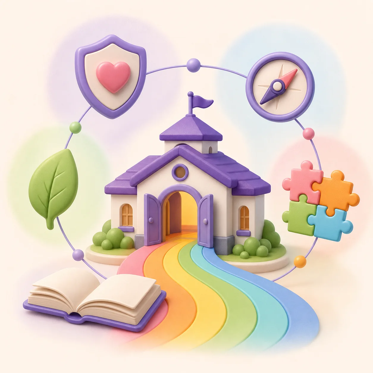 Escola, livro e caminhos coloridos representando orientação e identidade pedagógica